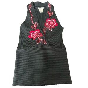 Cache Sleeveless Top Pullover Shirt Black Embroidered Silk Blouse Size Small